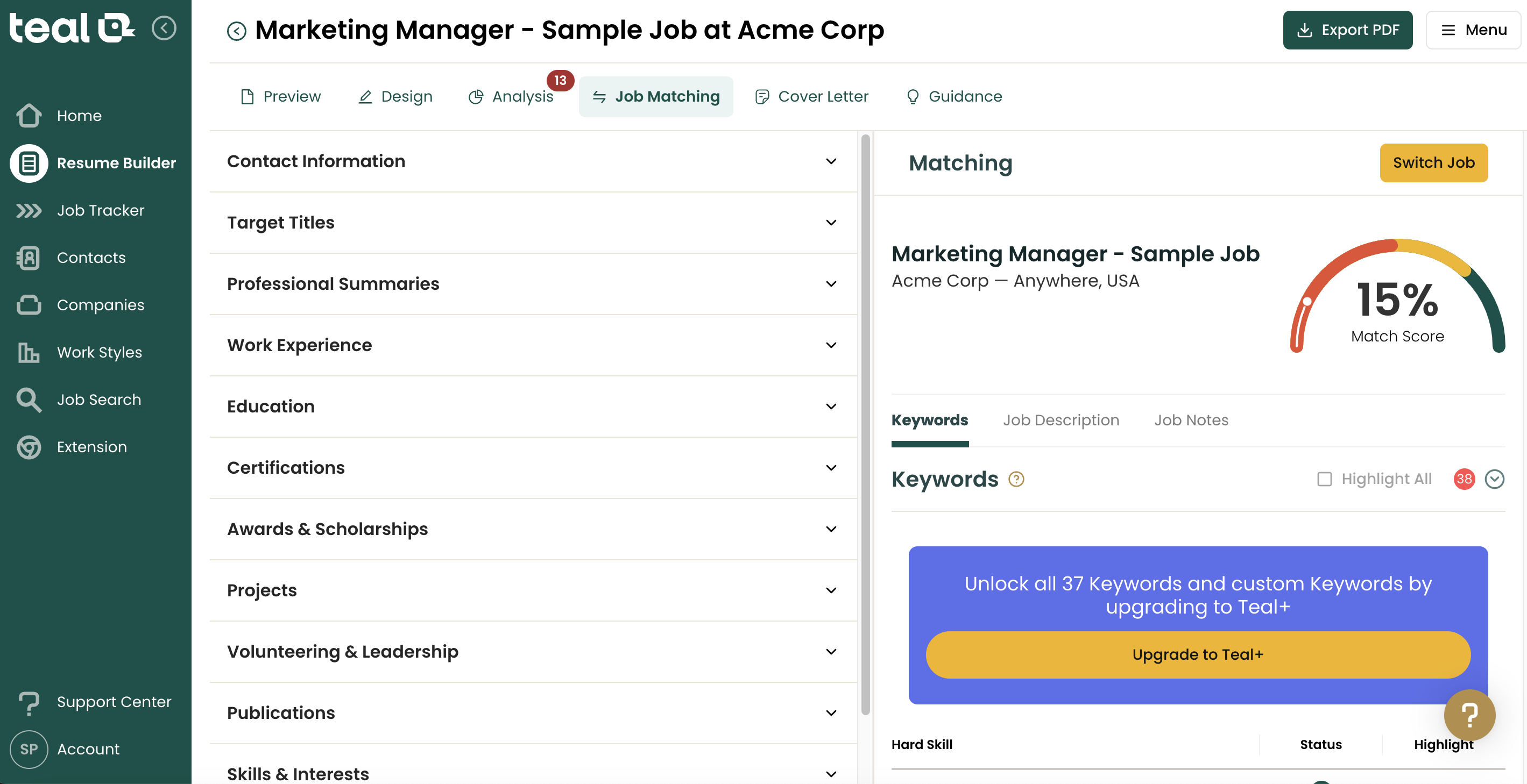 teal ai resume builder