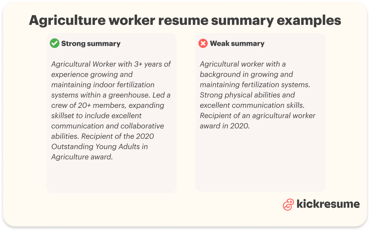 Agricultural worker resume summary example