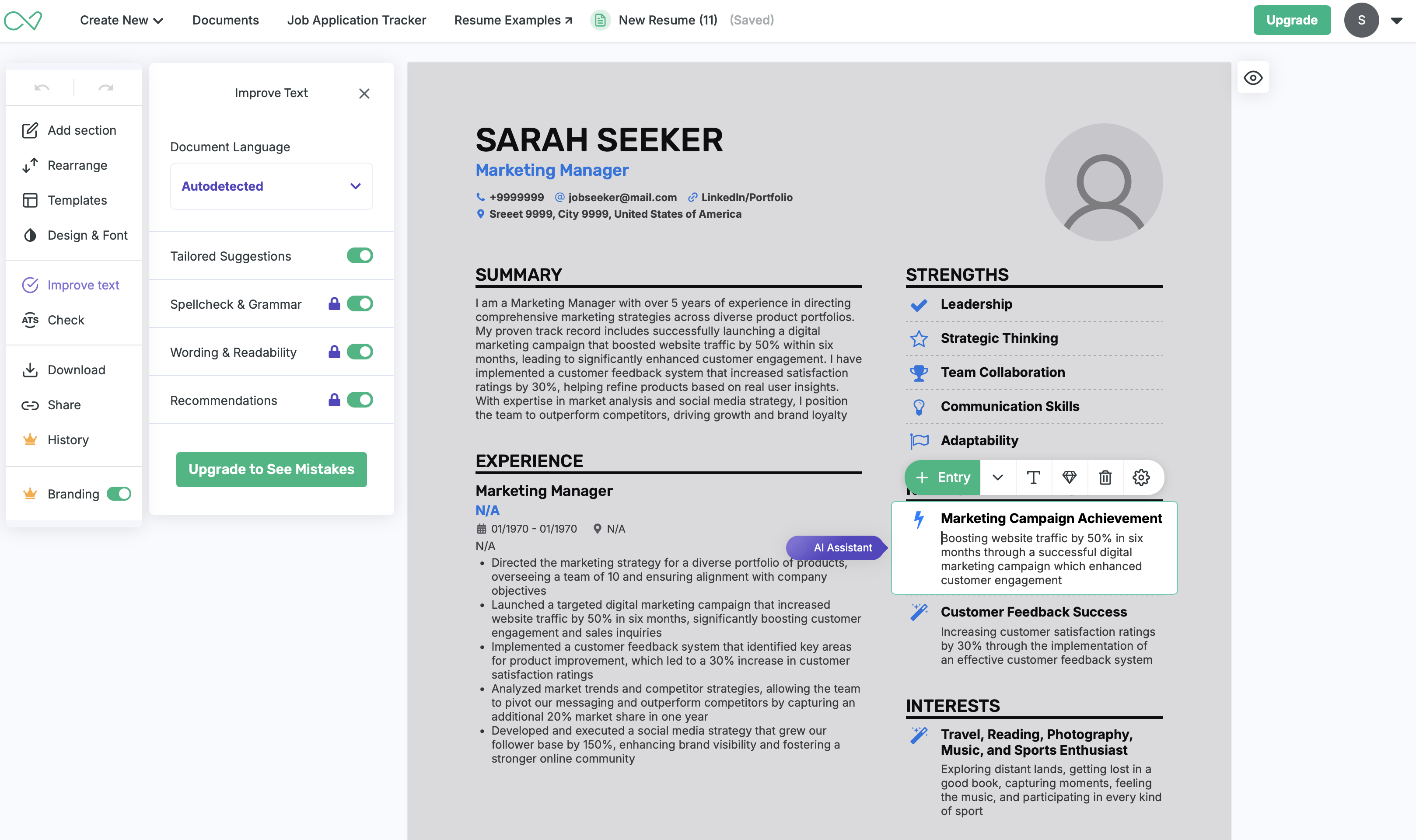 EnhanCV resume builder interface