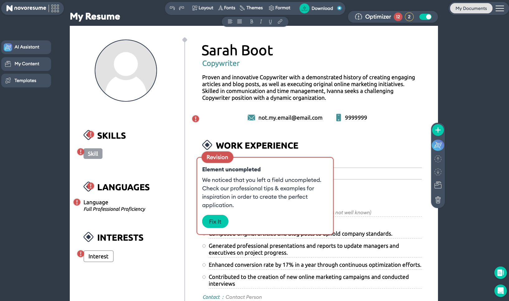 Novoresume optimizer feature