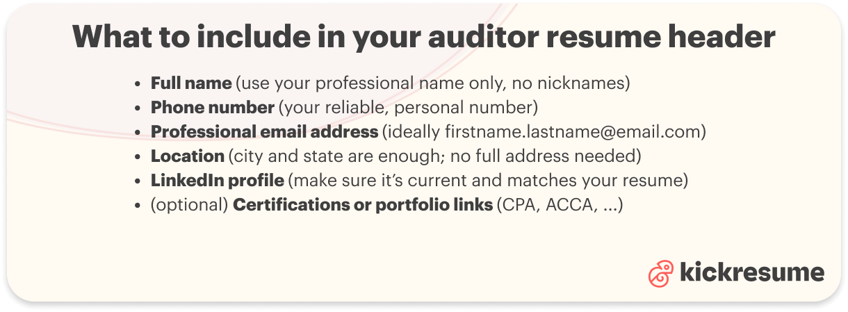 Auditor resume header example