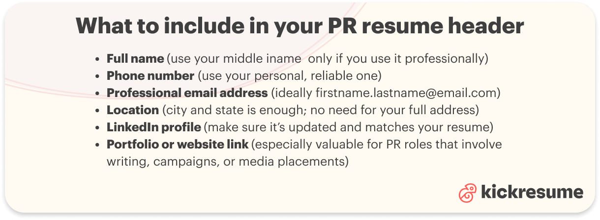 Public relations resume header example