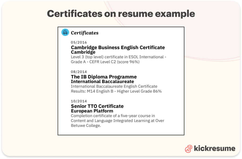 certificates on resume example