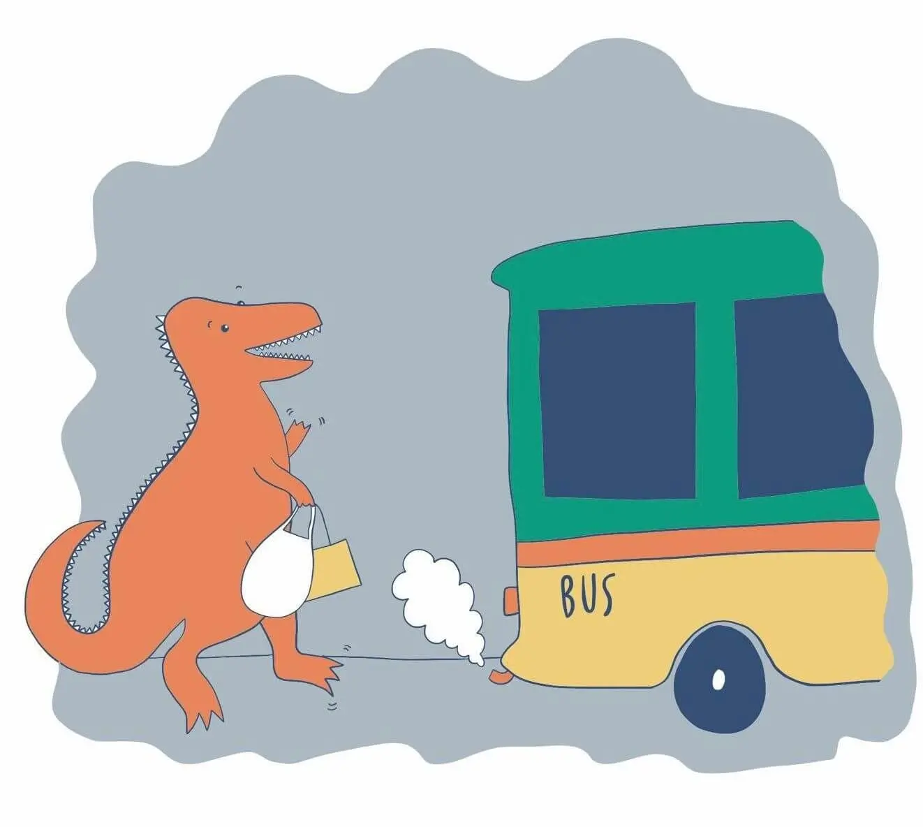 t-rex waving at a bus 