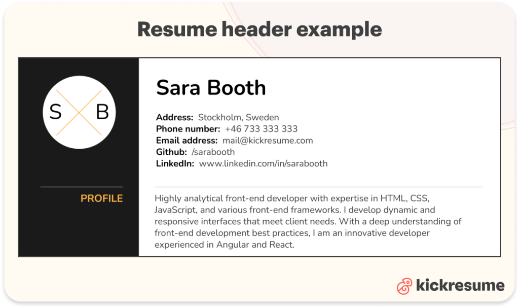 Traditional resume header example