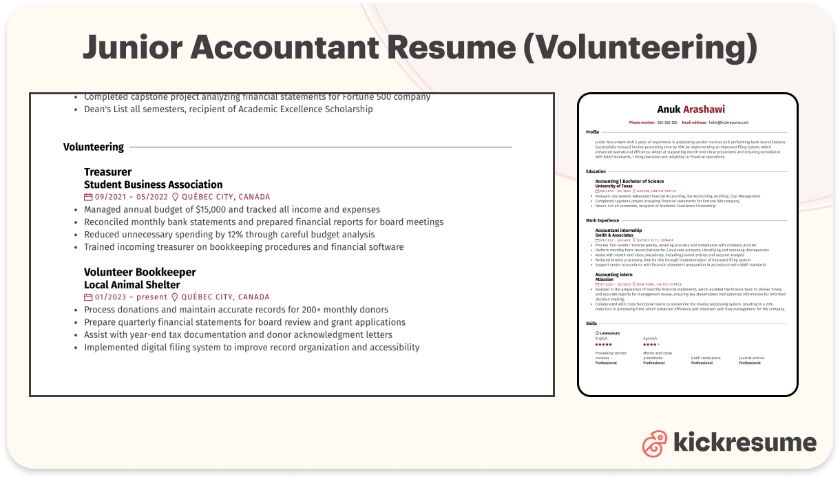junior accounting resume volunteering