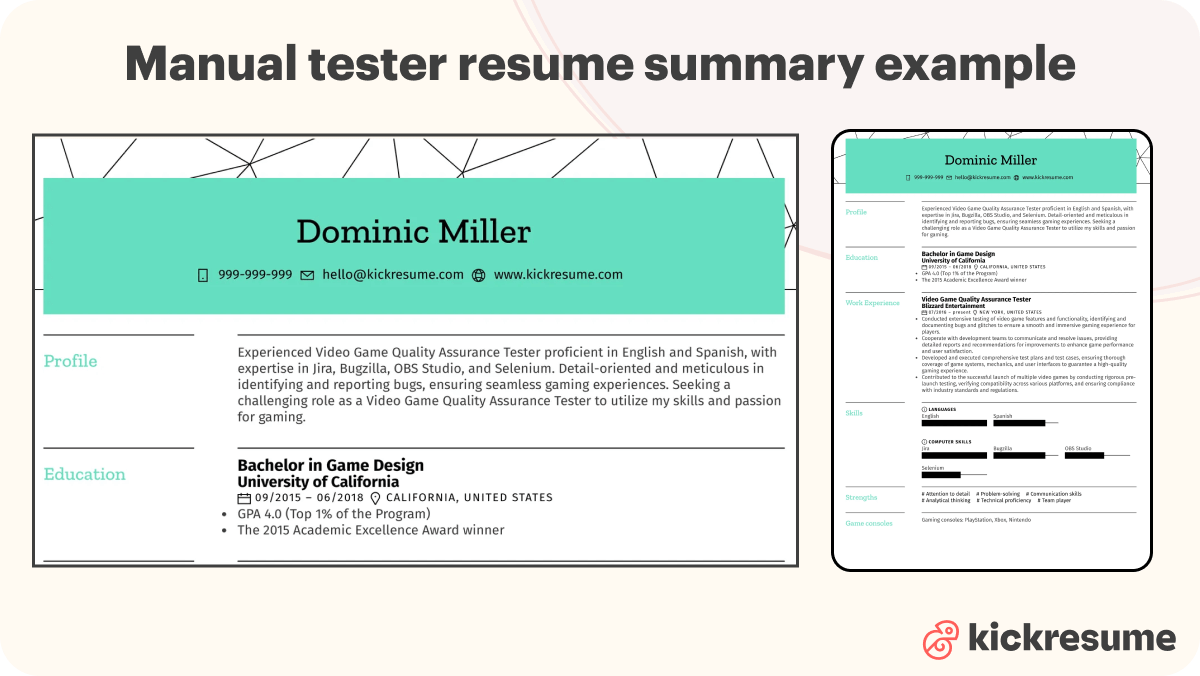Best manual tester resume summary example