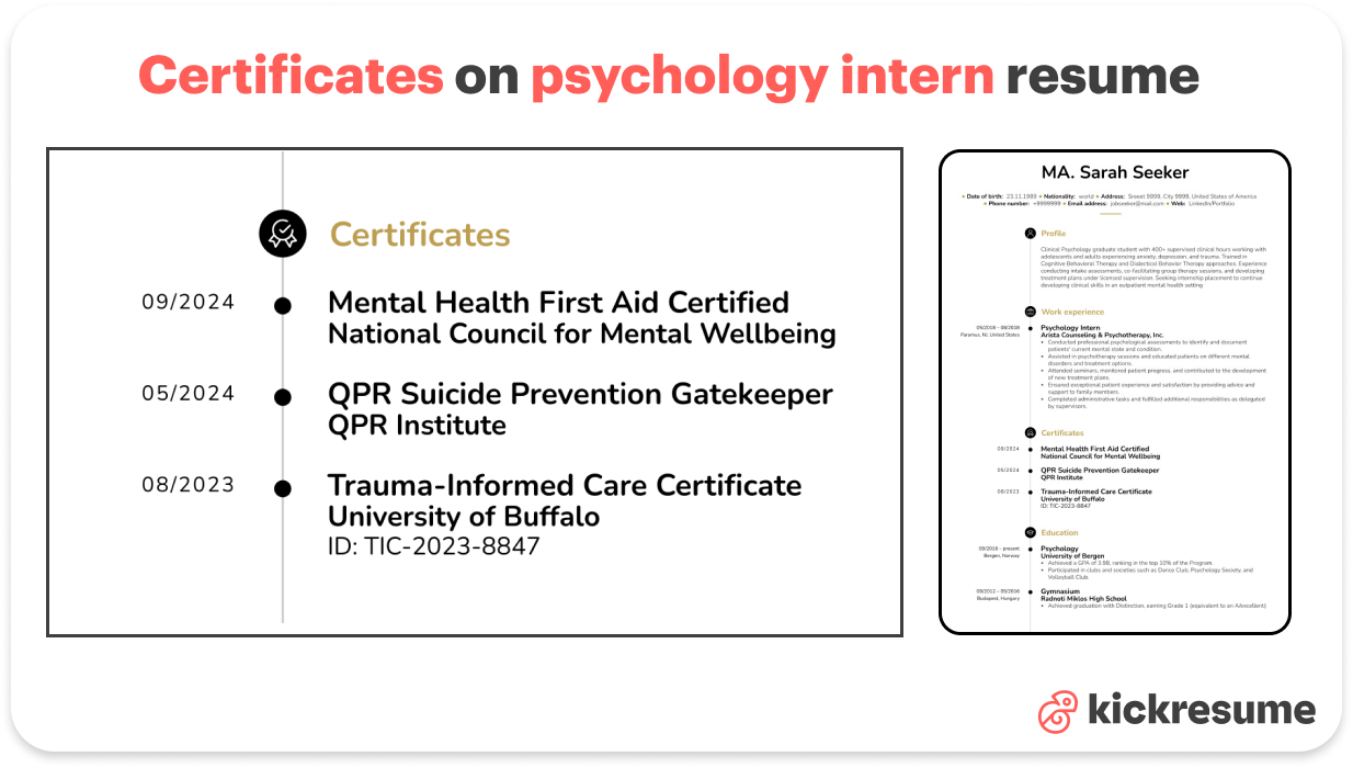 Certificates on psychology intern resume