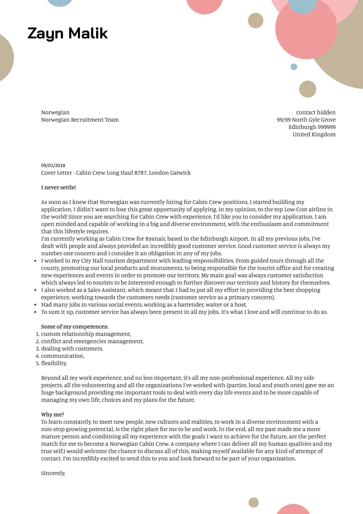 Cabin crew cover letter sample