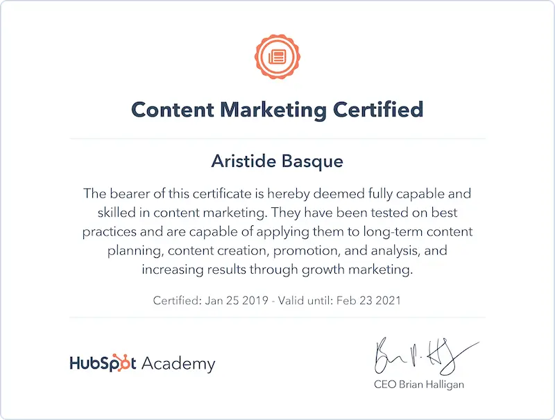 hubspot certificate example