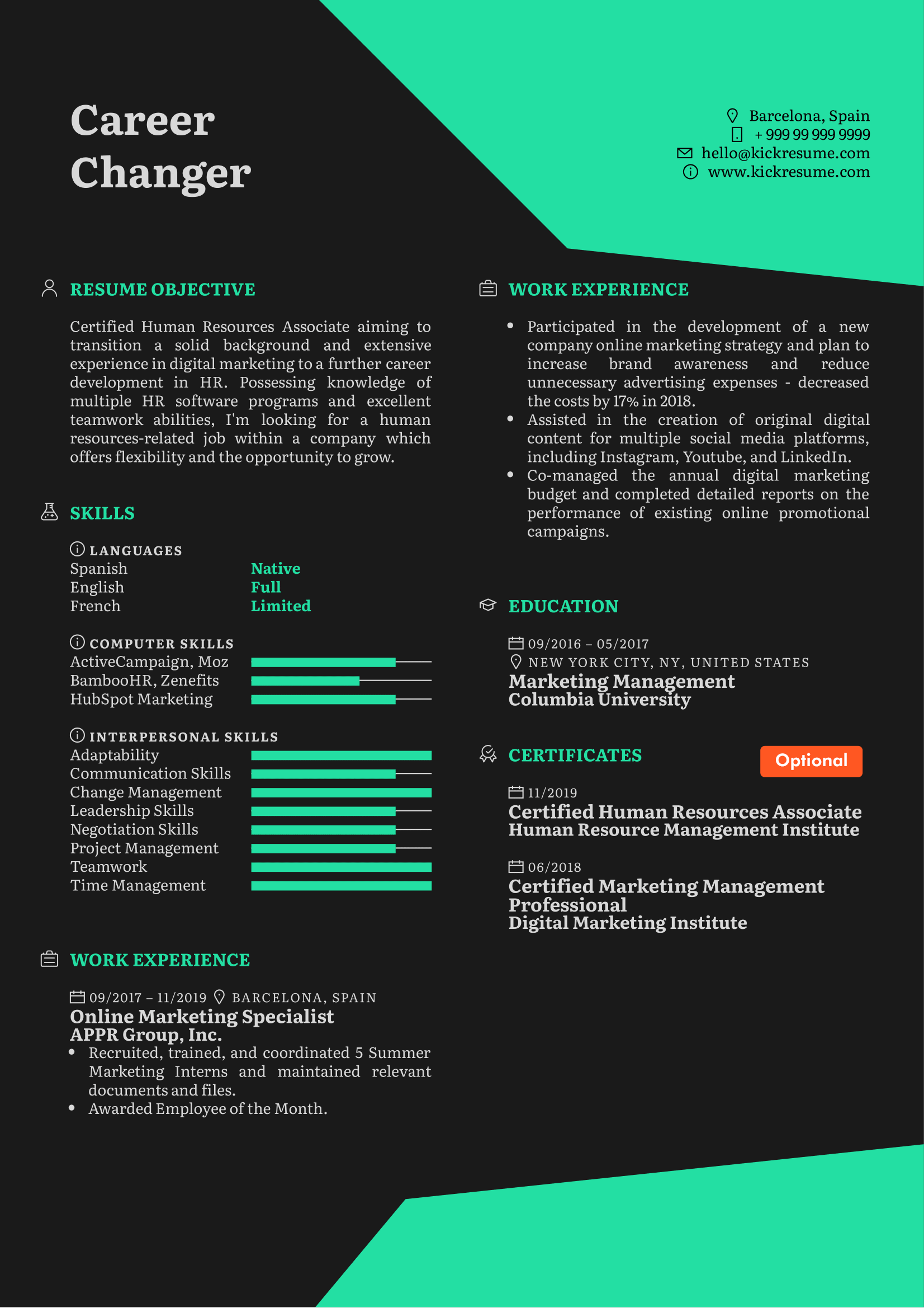 Career changer resume example