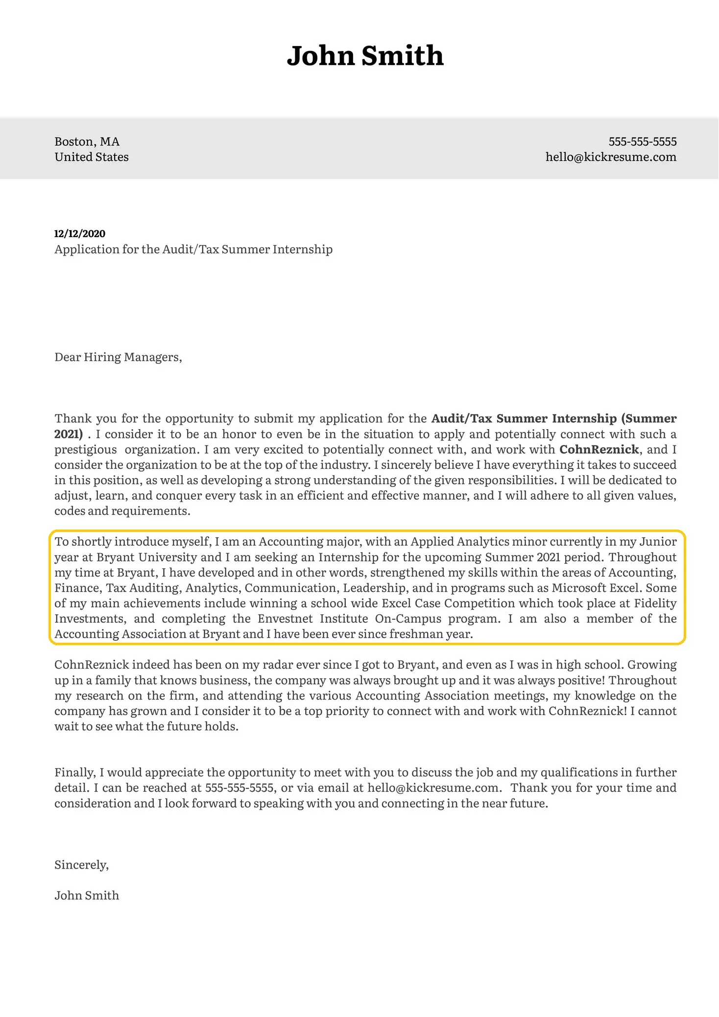 Internship cover letter example 3