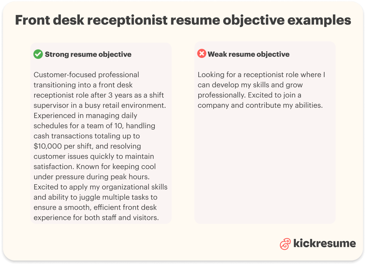 Front desk receptionist resume objective examples