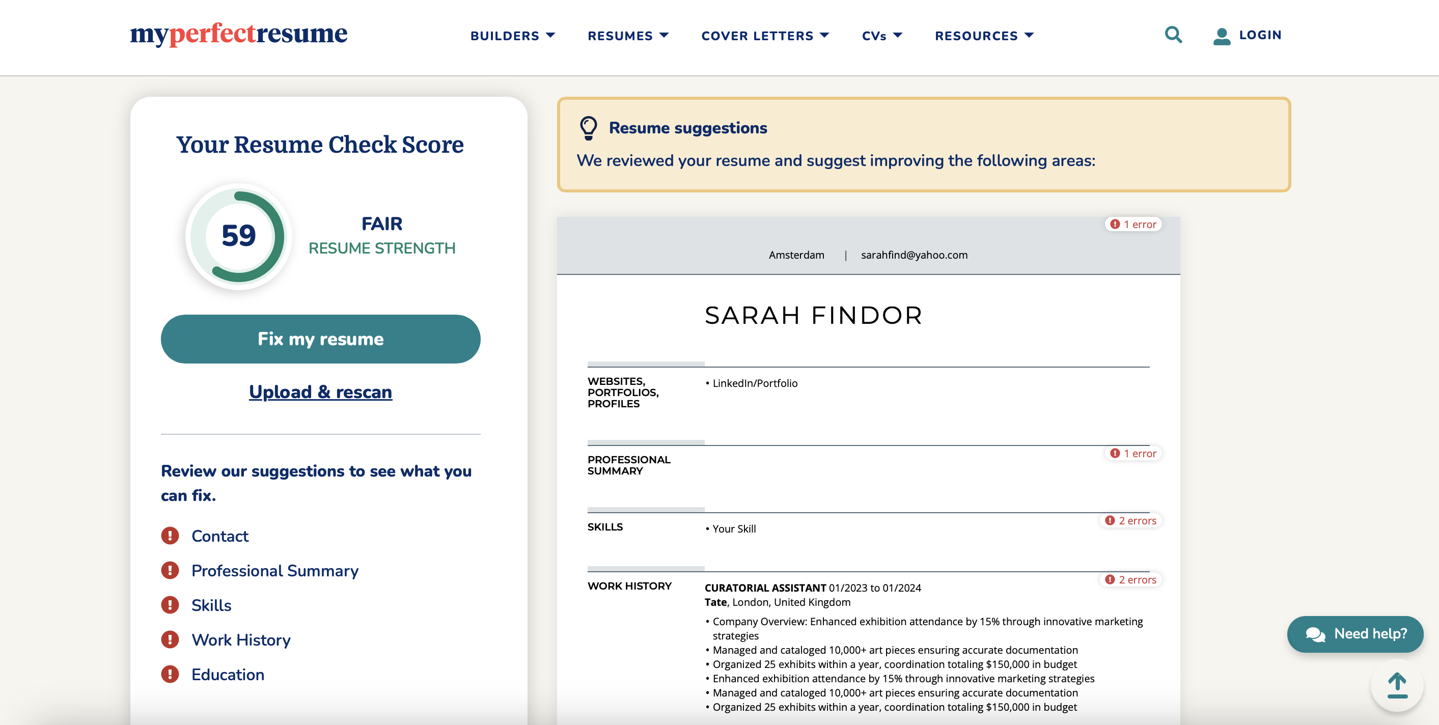 Myperfectresume resume checker