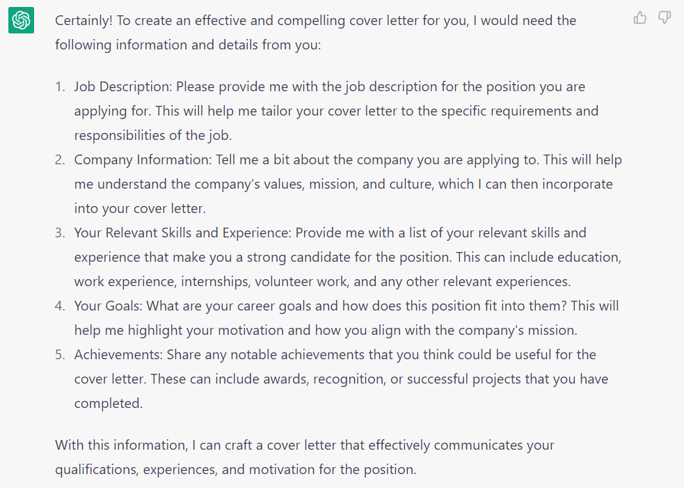 ChatGPT's requirements for writing a cover letter