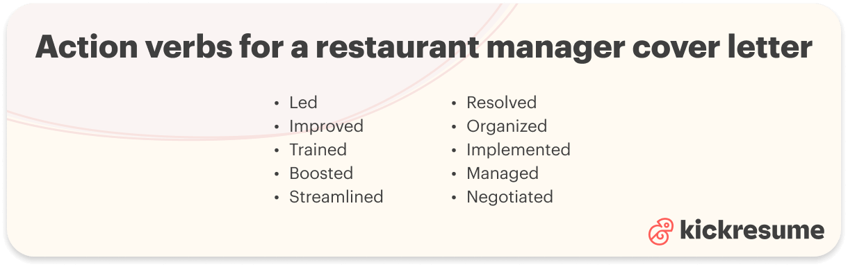Restaurant manager cover letter action verbs examples