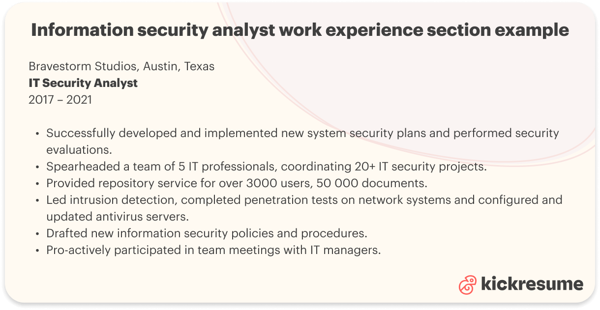 Information security analyst work experience examples