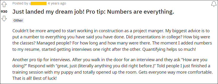 best resume advice according to reddit: quantify your achievements