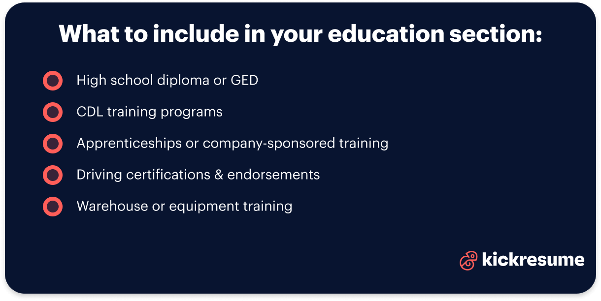 Driver resume education section suggestions