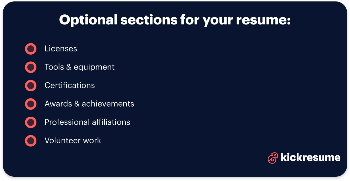 Optional sections for a plumber resume
