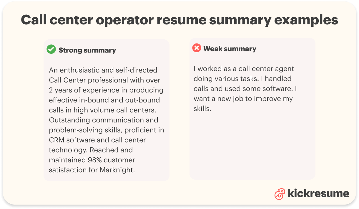 Call center operator resume summary examples