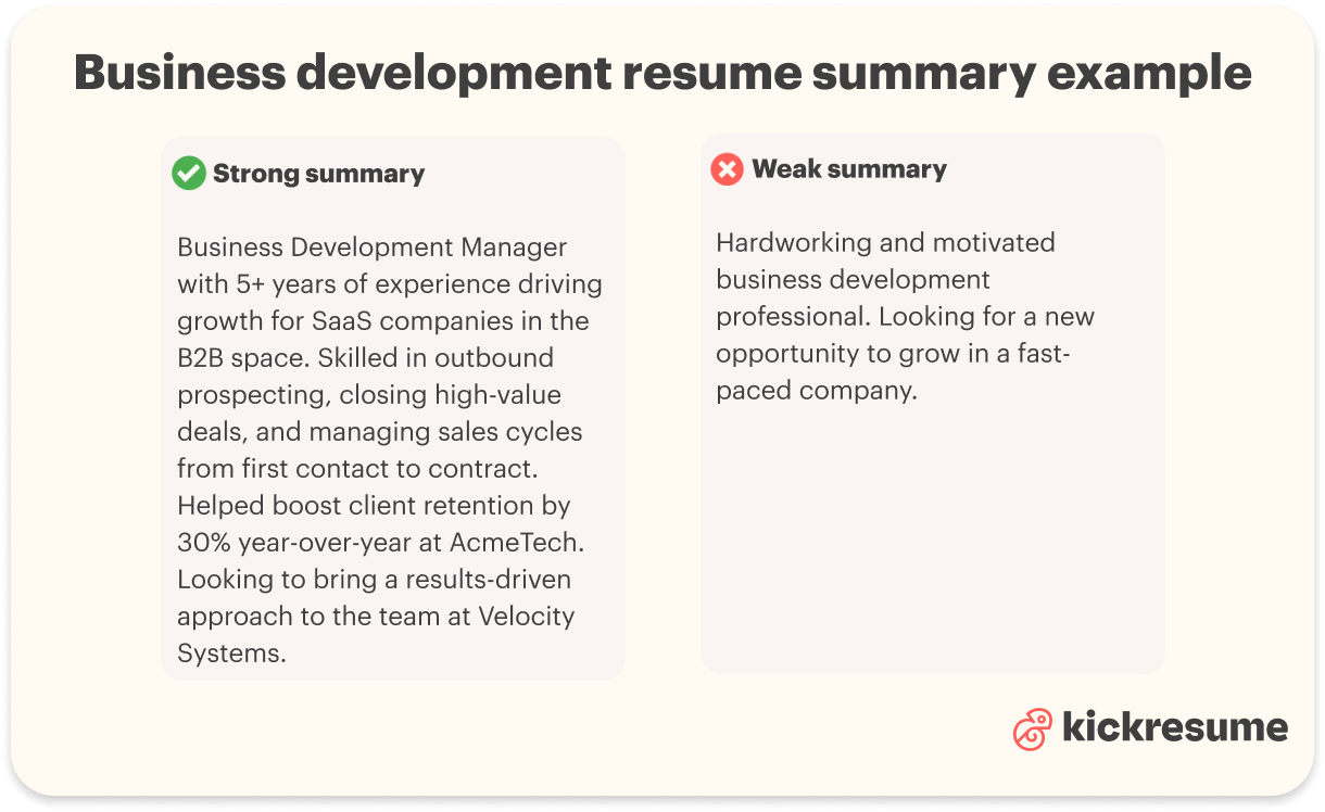Business development resume summary examples