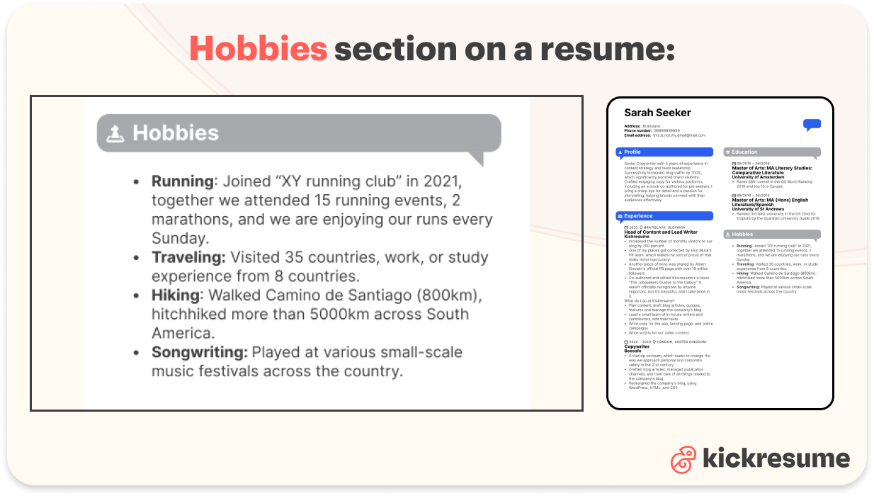 Hobbies section on a resume