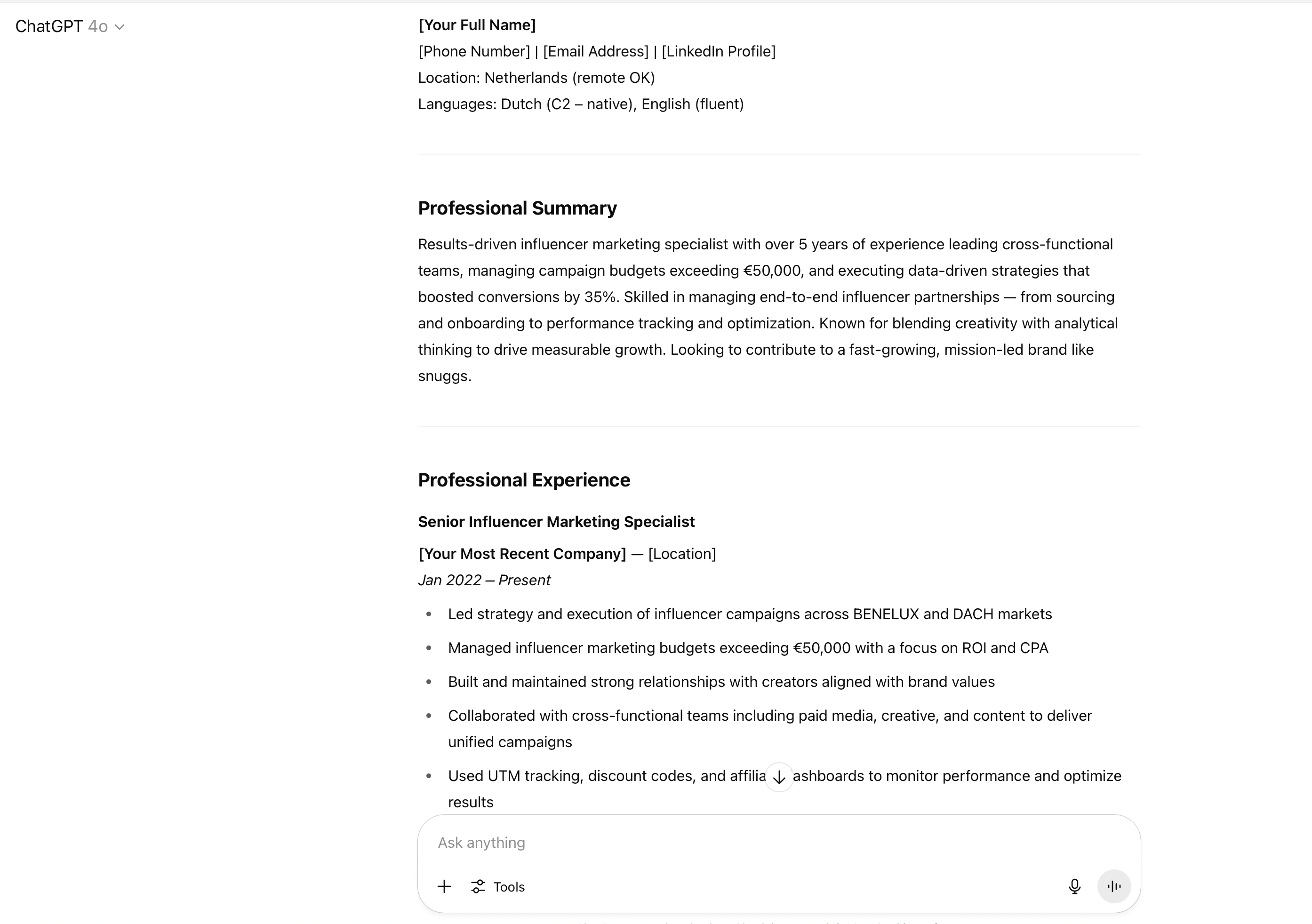 chatGPT prompt for writing a resume from scratch
