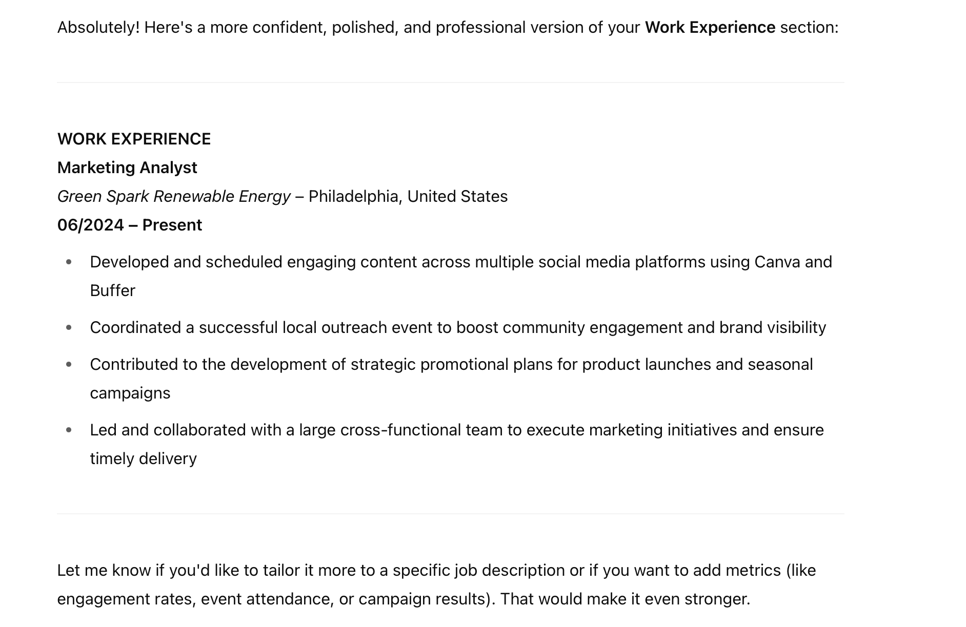 ChatGPT's response to a prompt for improving the education section