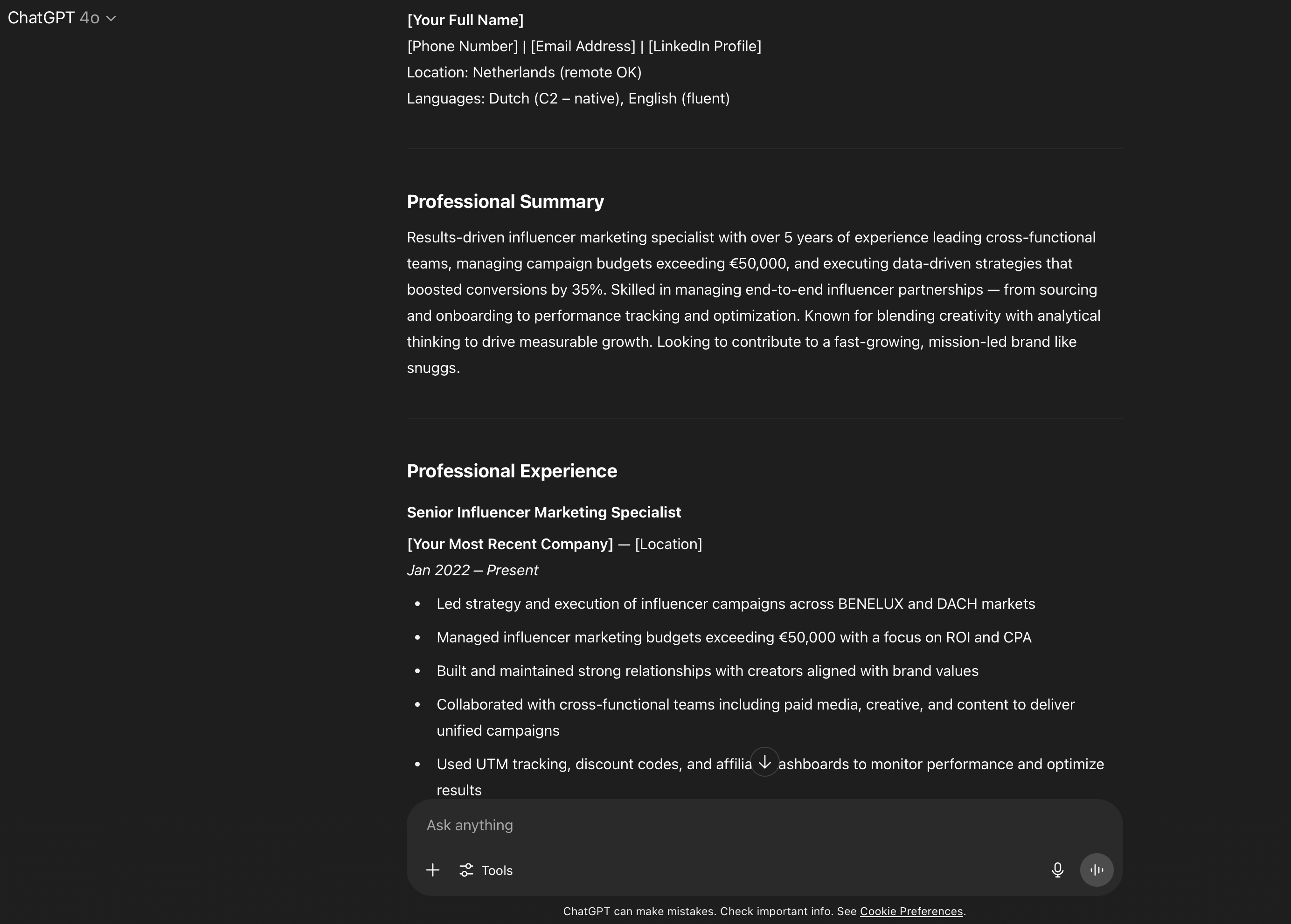 chatGPT prompt for writing a resume from scratch