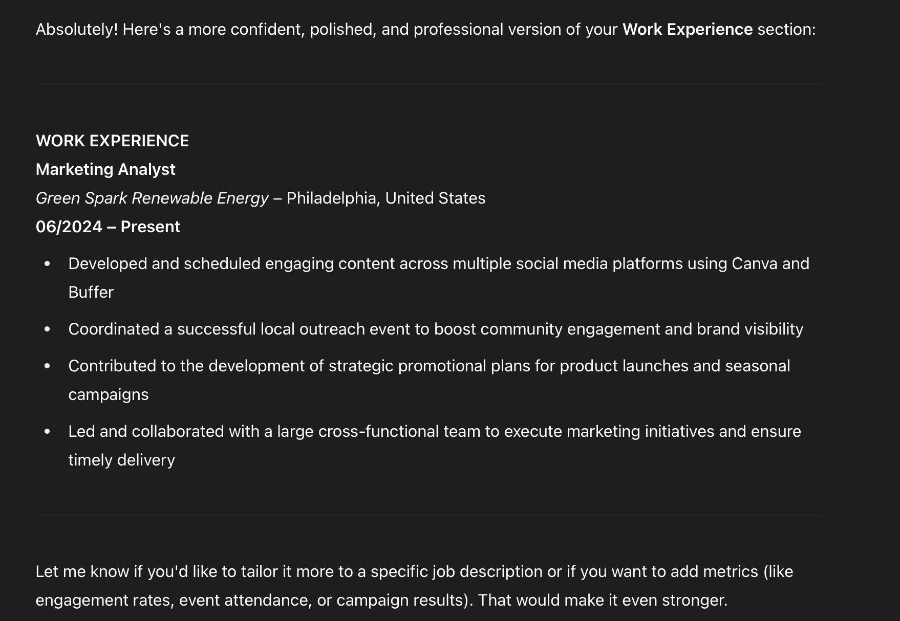 ChatGPT's response to a prompt for improving the education section