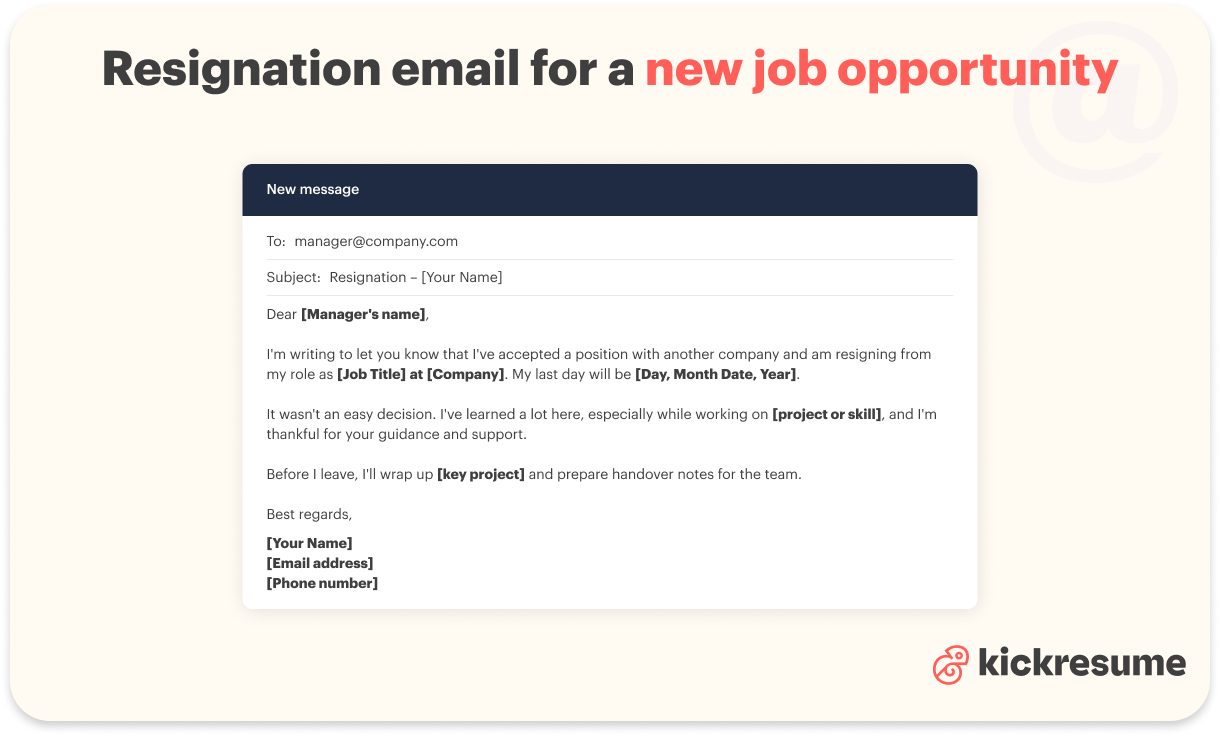 Resignation email for a new job opportunity