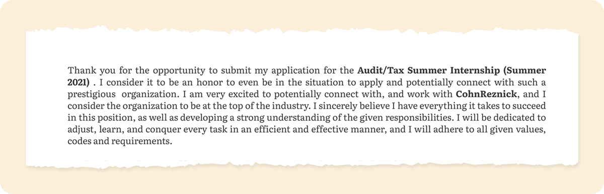 Cover letter opening example hired by CohnReznick