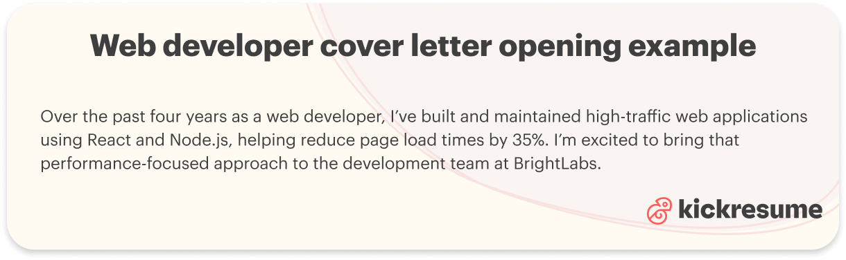 Web developer cover letter opening example