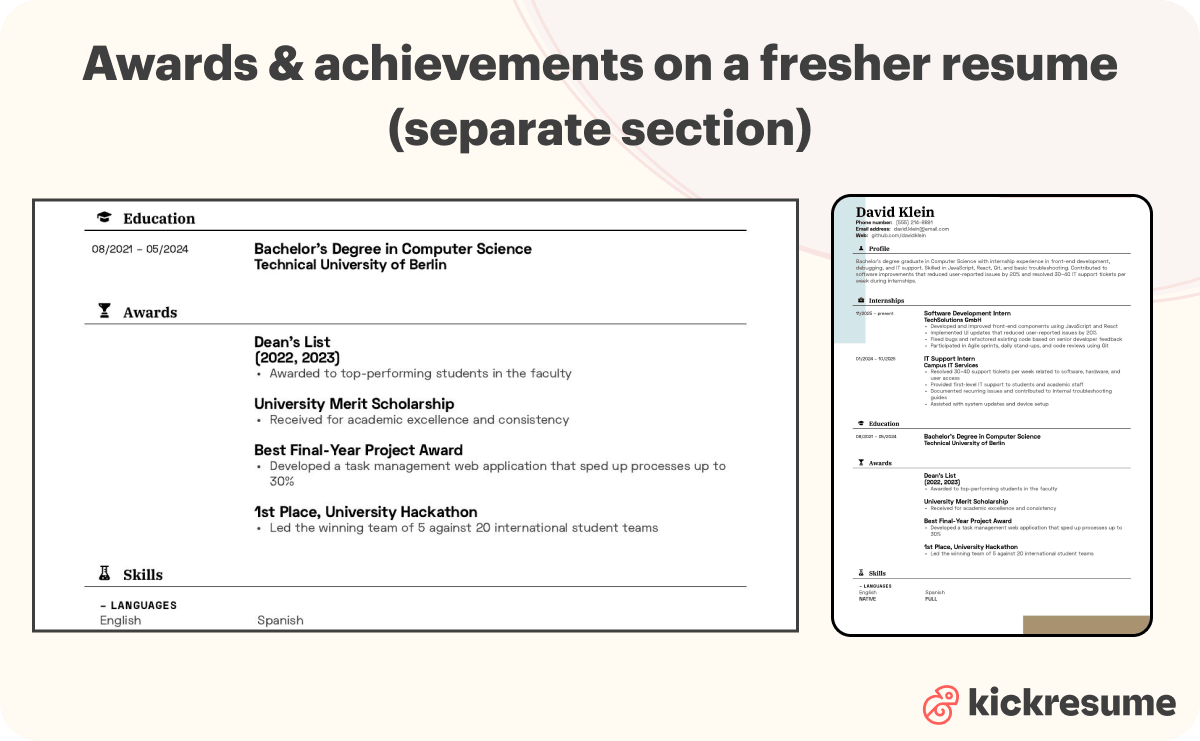 Awards and achievements example on a fresher resume (in a separate section)