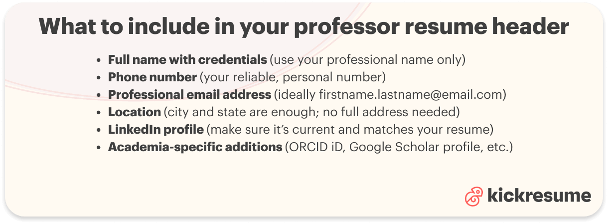 What to include in your professor resume header