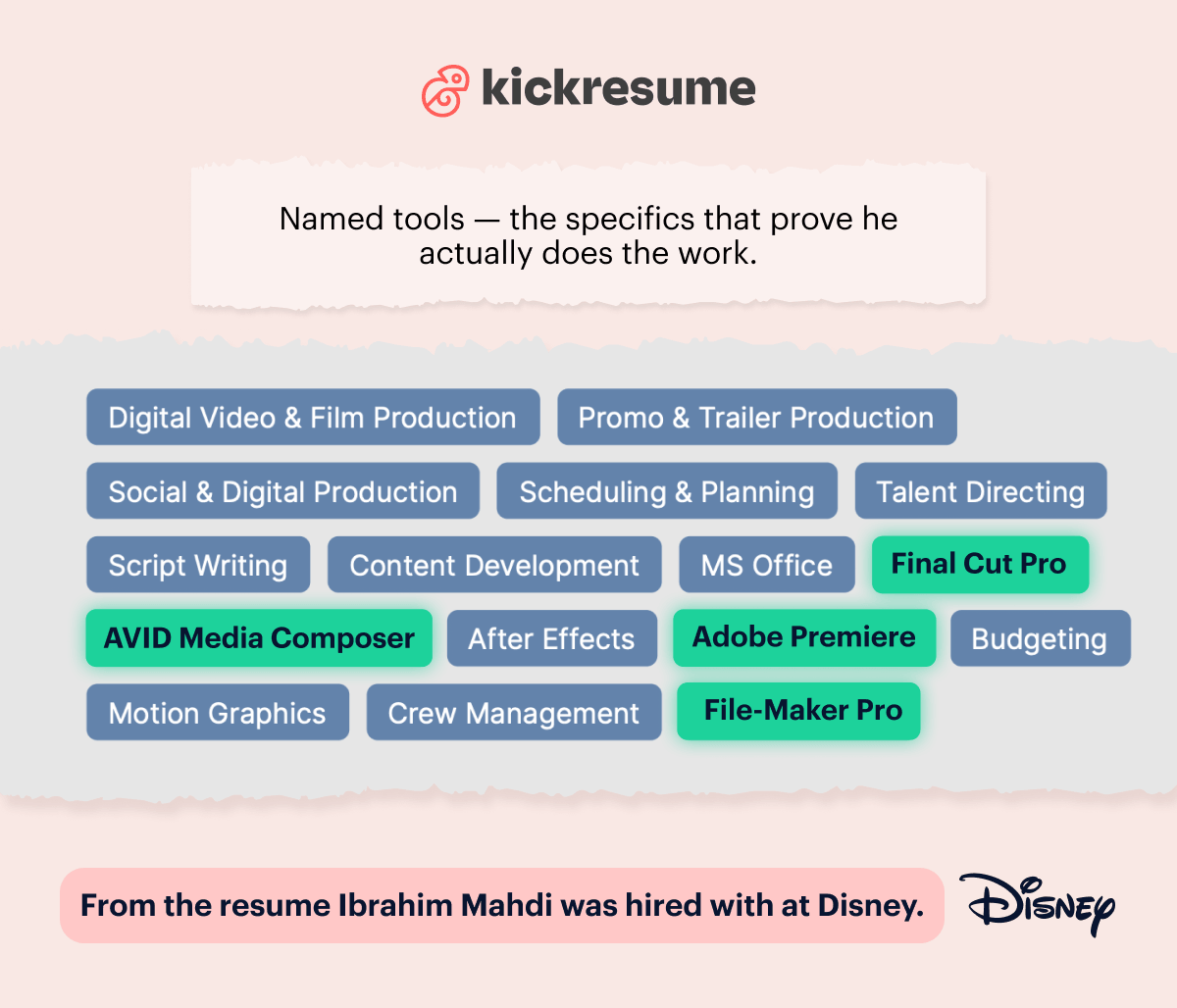 resume hired by disney - skills