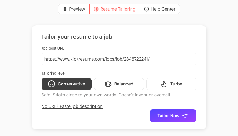 kickresume resume tailoring settings