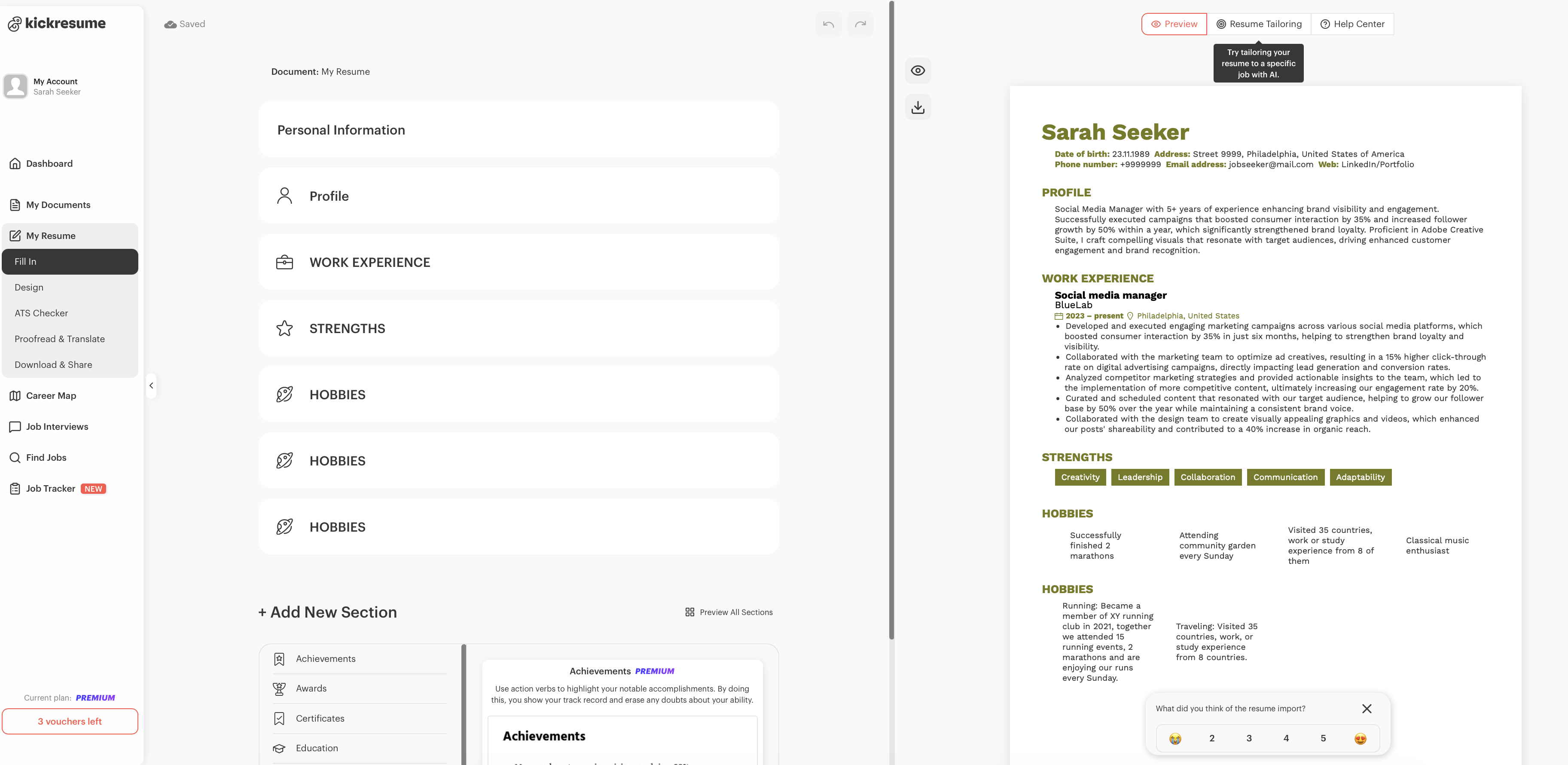 Kickresume interface
